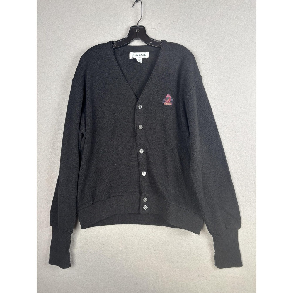 Vintage IZOD Sweater Mens XL Black Acrylic Knit Button Front Cardigan Crest USA